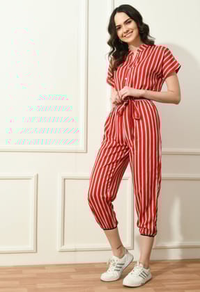 Women Red & Off-White Striped Capri Jumpsuit