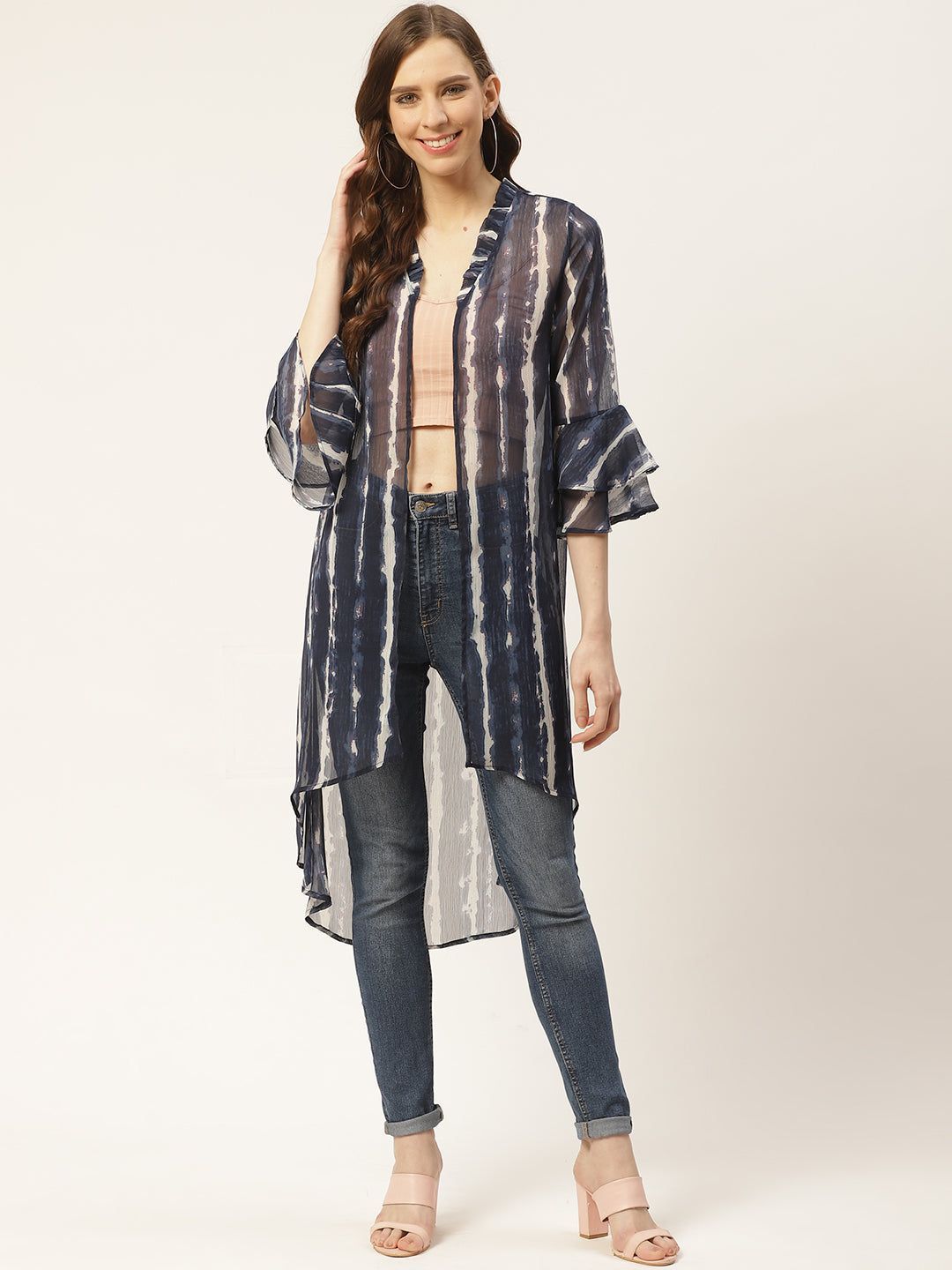 Women Navy Blue & White Dyed Open Front Longline Shrug