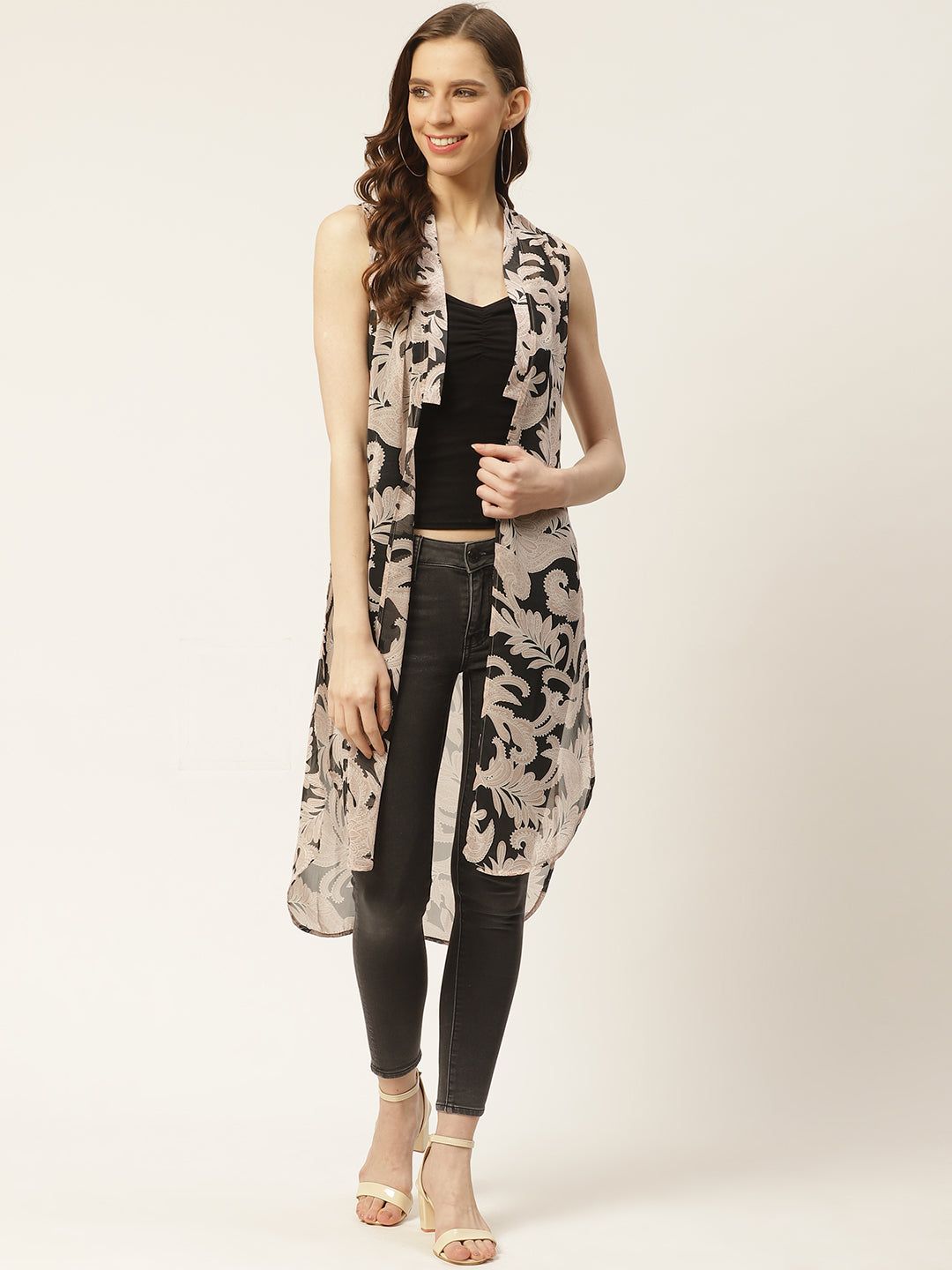 Women Black & Beige Scarf Print Open Front Longline Shrug