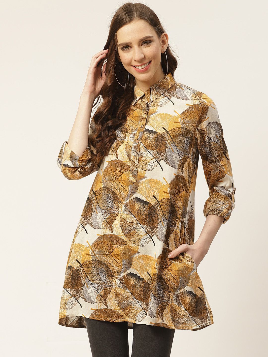 Women Mustard Yellow & Black Printed Shirt Style Tunic