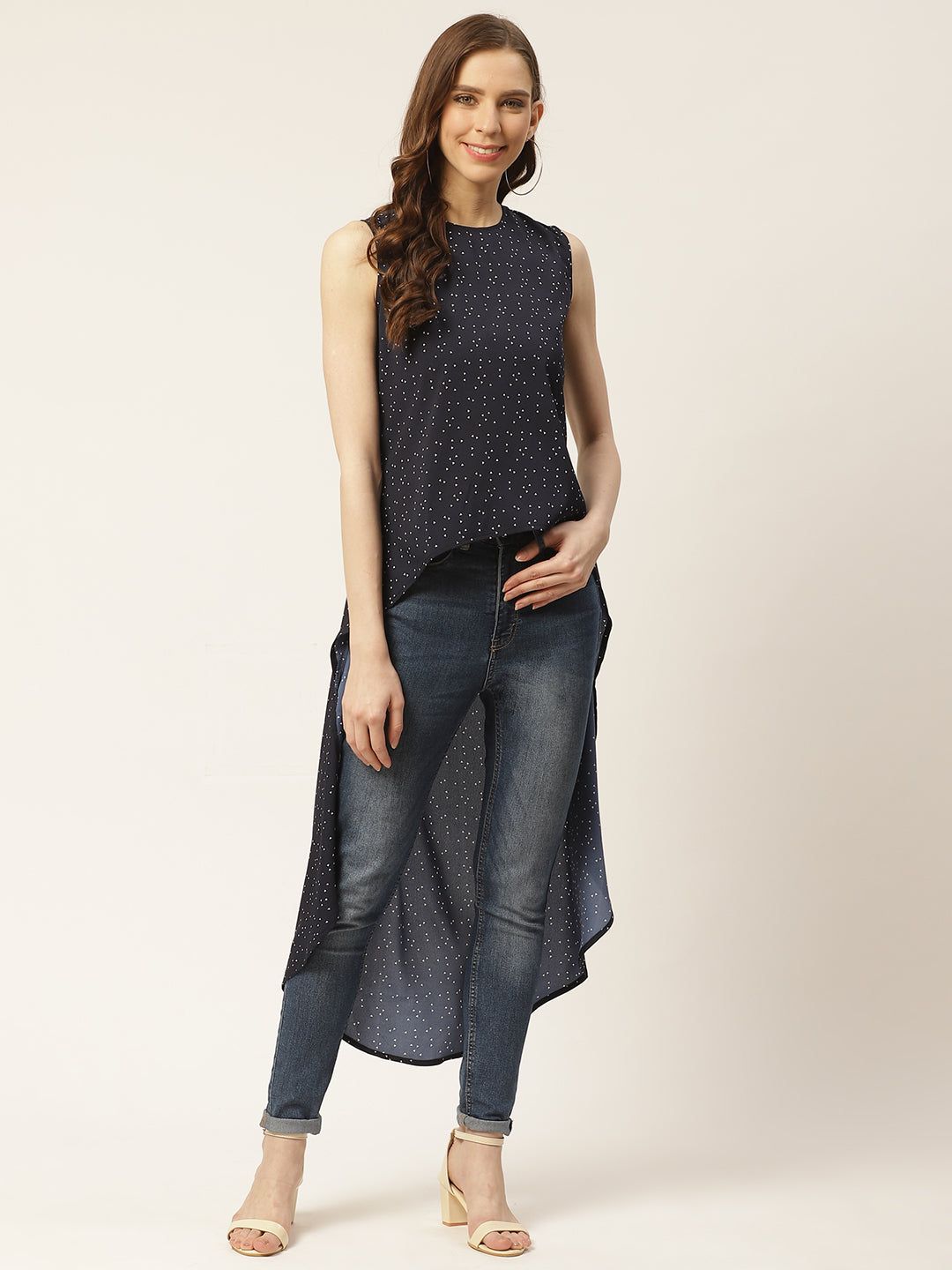 Women Navy Blue & White Geometric Print High-Low Top