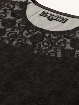 Women Black Embroidered Semi-Sheer Cropped Net Top