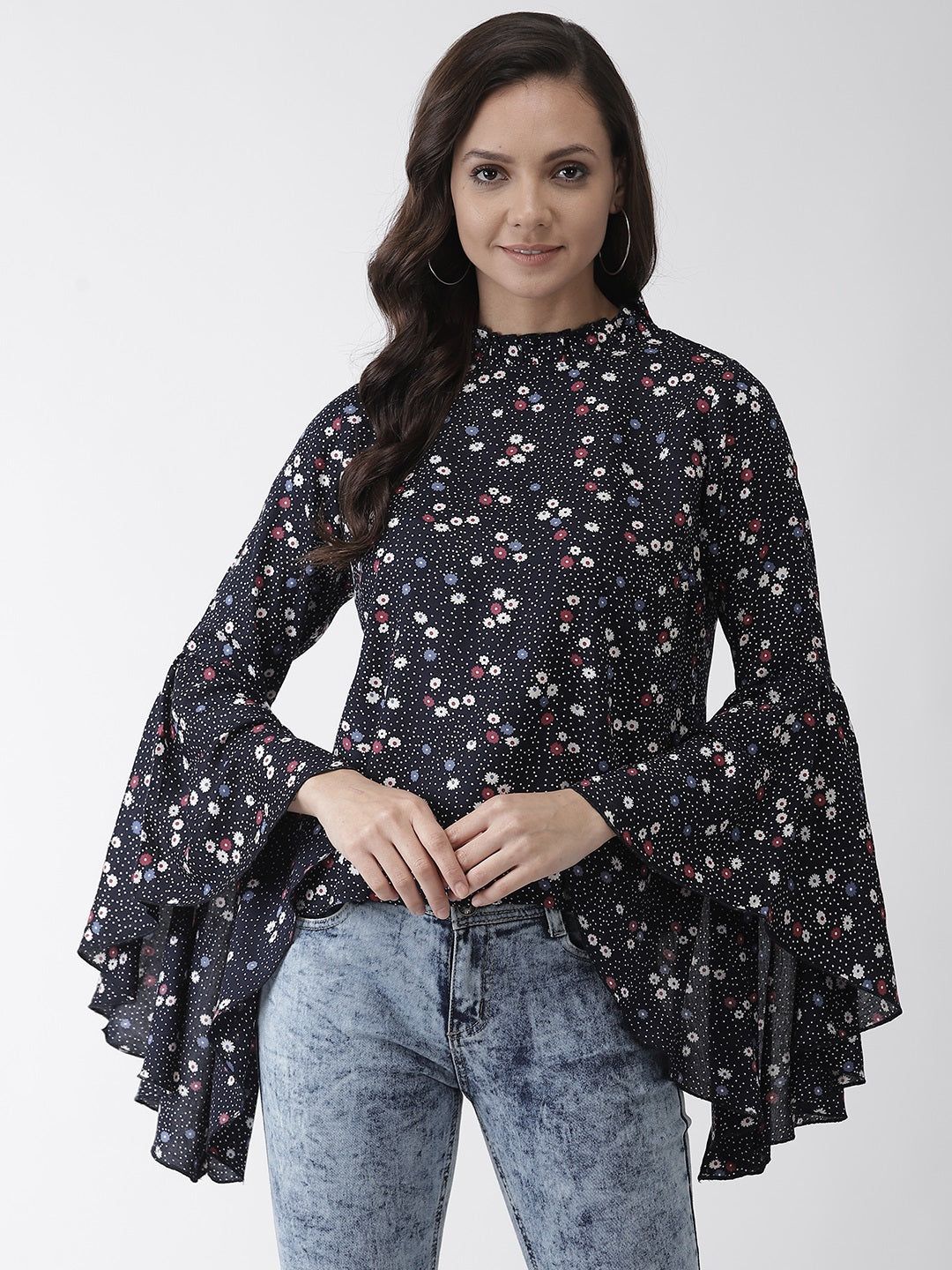 Rue Collection Women Navy Blue & White Floral Print Top