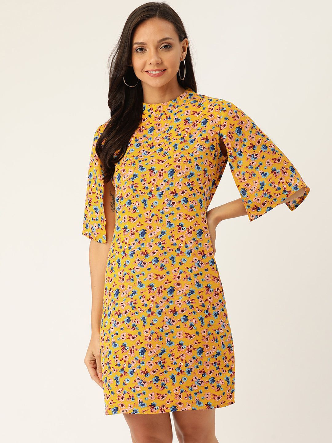 Rue Collection Women Yellow & Blue Floral Printed A-Line Dress