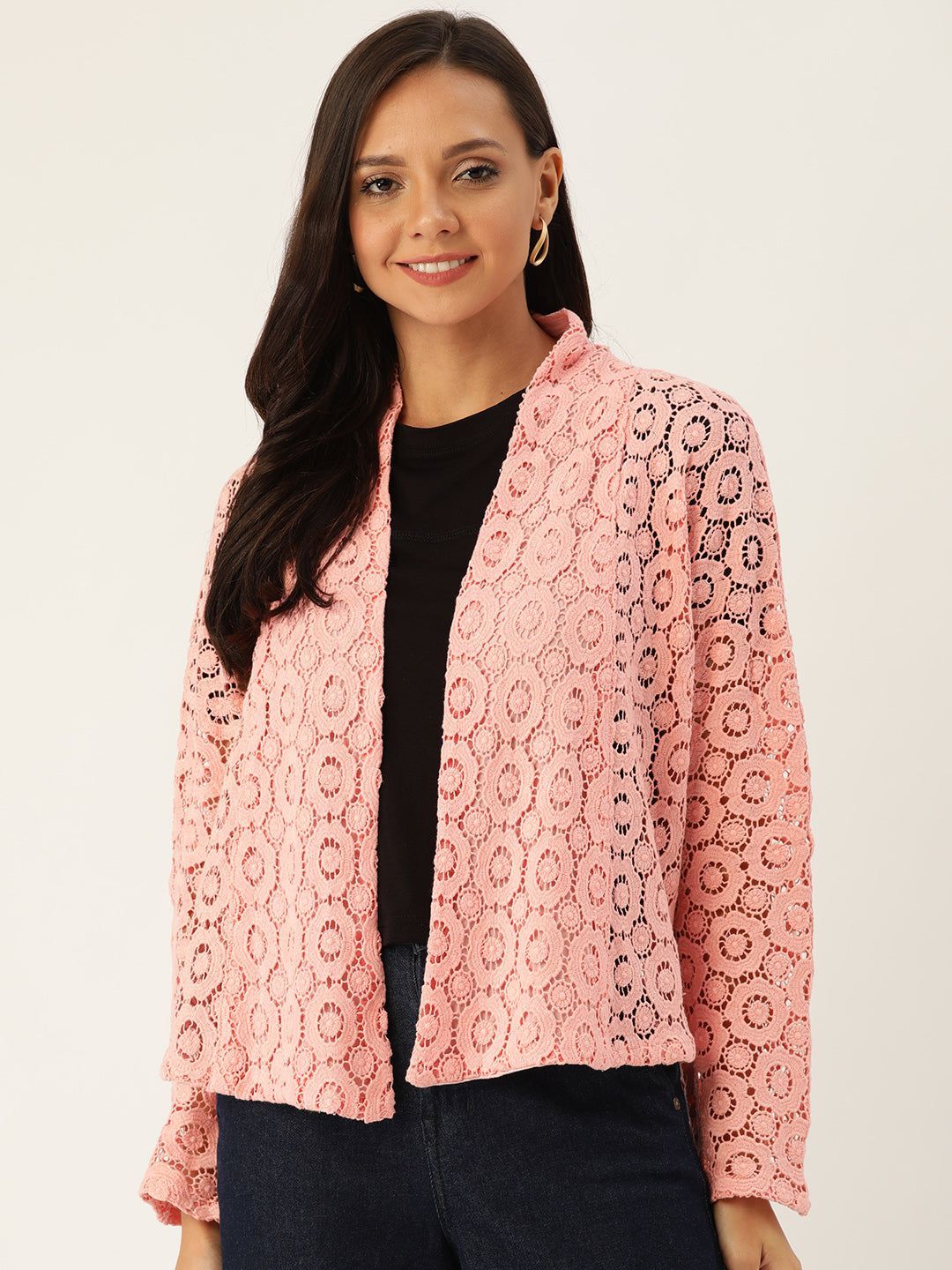 Rue Collection Women Pink Floral Self-Design Open Front Lace Shrug