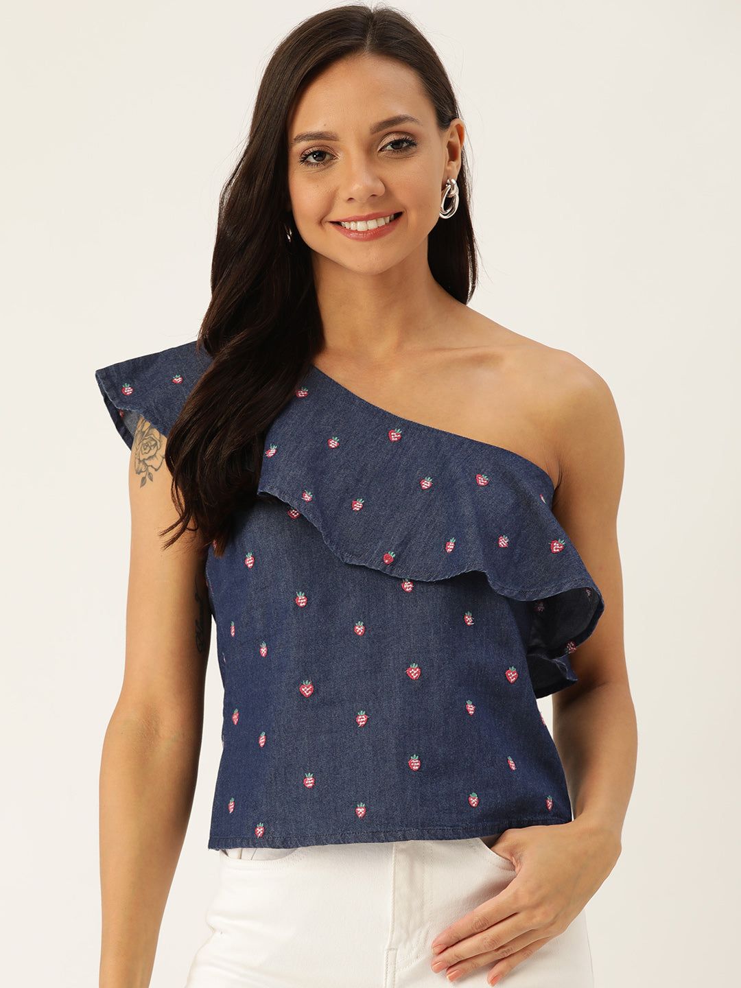 Rue Collection Women Navy Blue & Red Embroidered Chambray One-Shoulder Top