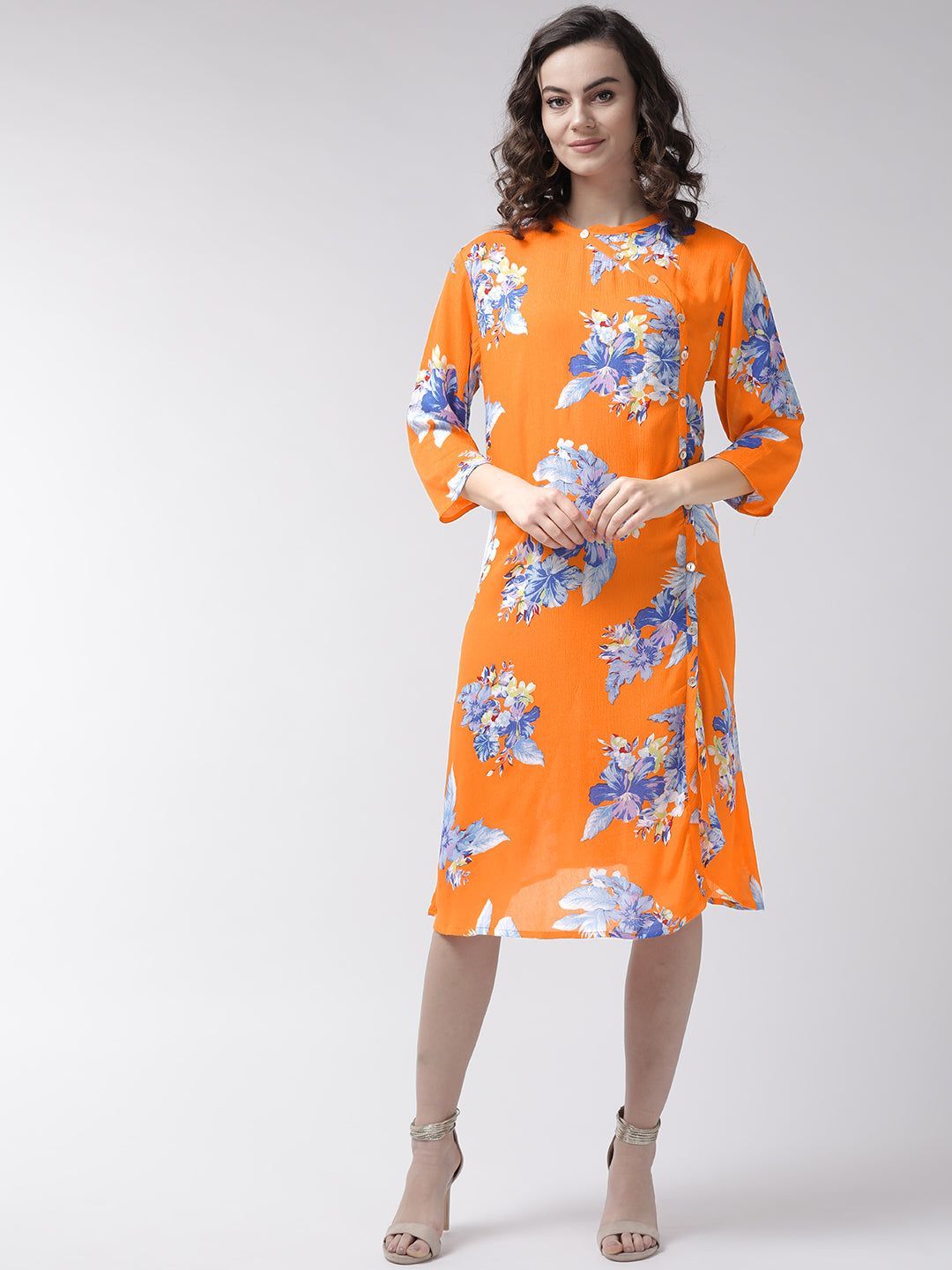 Women Orange & Blue Printed Wrap Dress