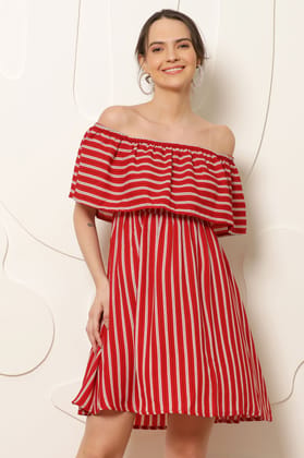 Women Red & White Striped Off-Shoulder A-Line Dress