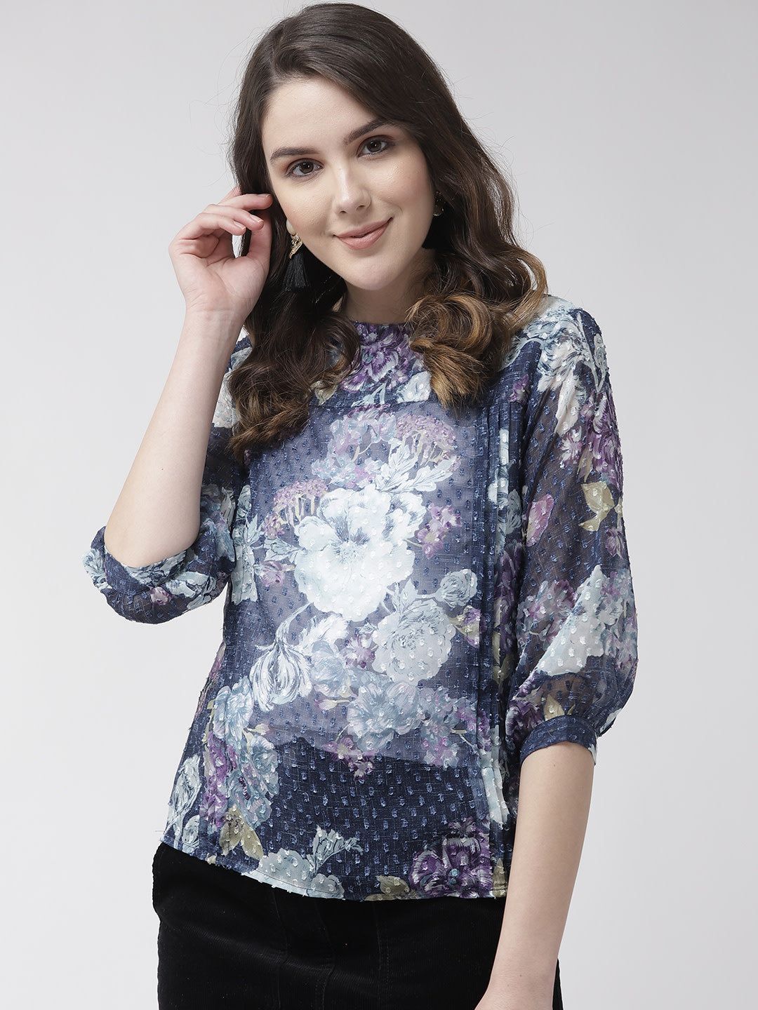 Women Blue & White Floral Print Sheer Top