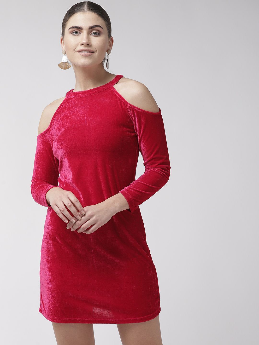 Women Pink Solid Velvet Finish Sheath Dress