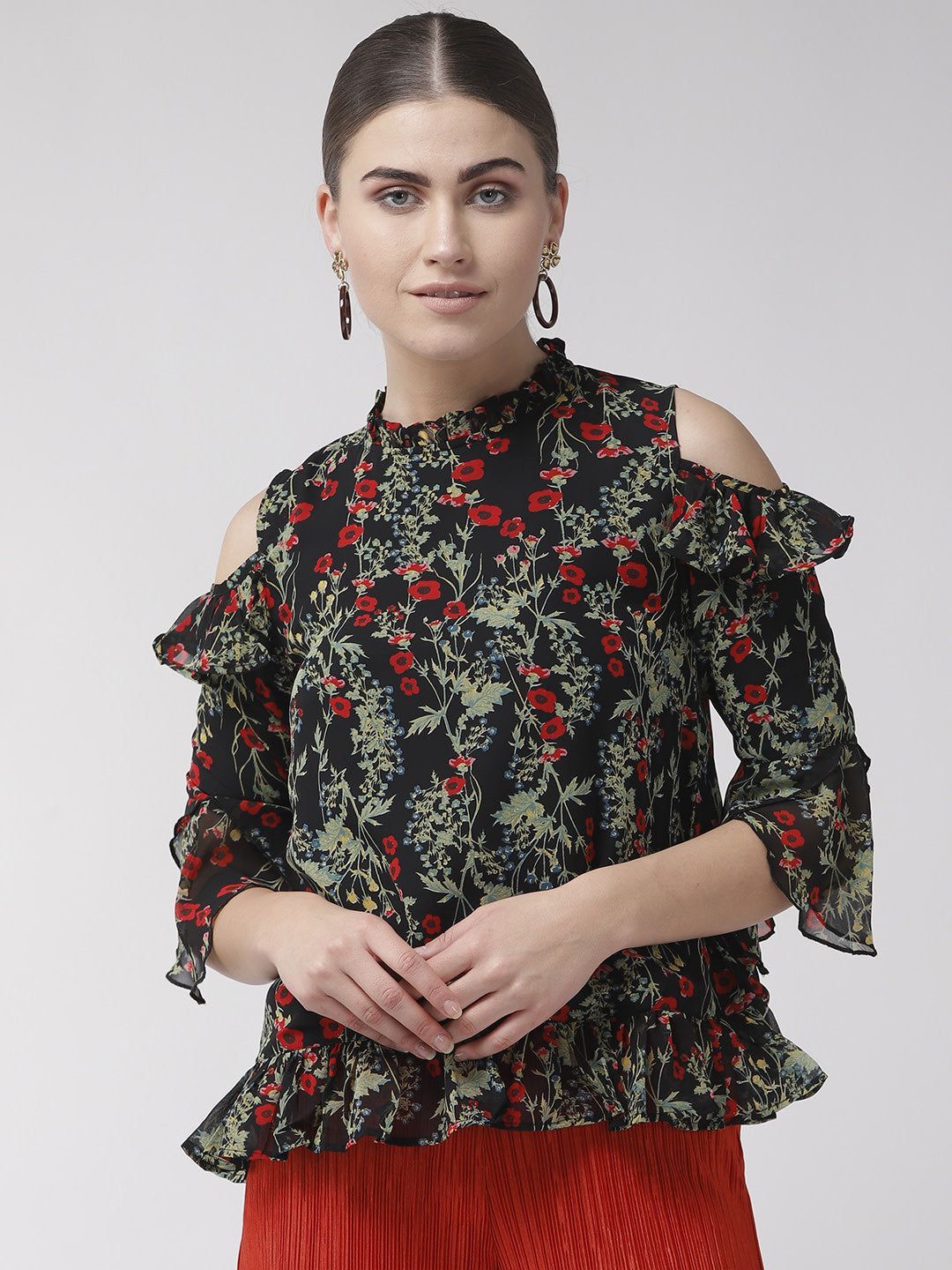 Women Black & Green Cold Shoulder Floral Print A-Line Top