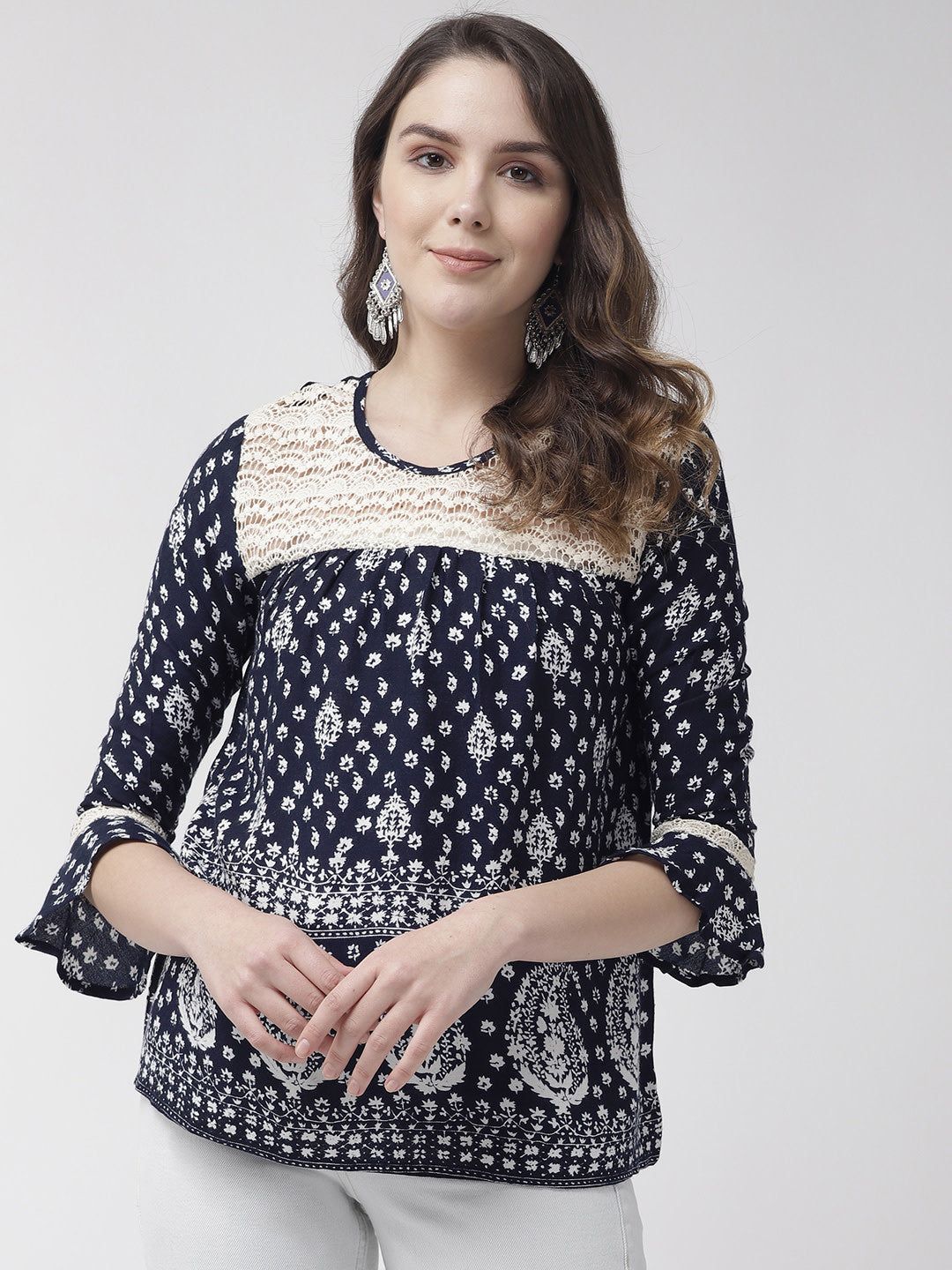 Women Navy Blue & White Printed Top