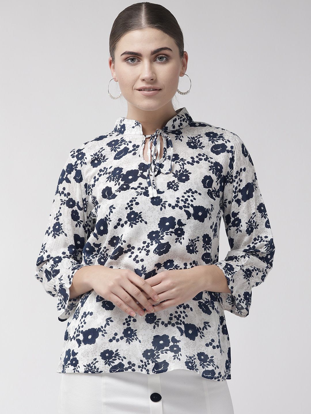 Women White & Navy Blue Floral Print Top