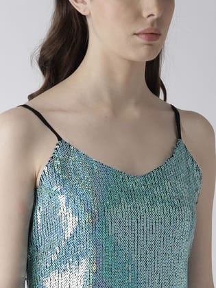 Women Blue Sequinned A-Line Dress
