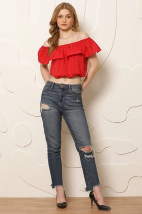 Women Red Solid Crop Bardot Top
