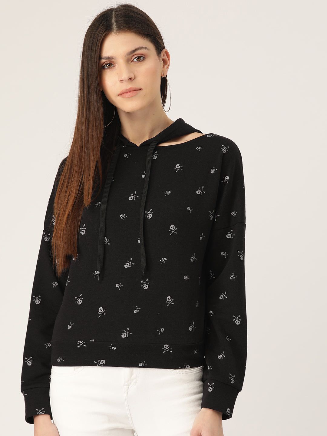 Women Black & White Skull Print Hooded Sweatshirt