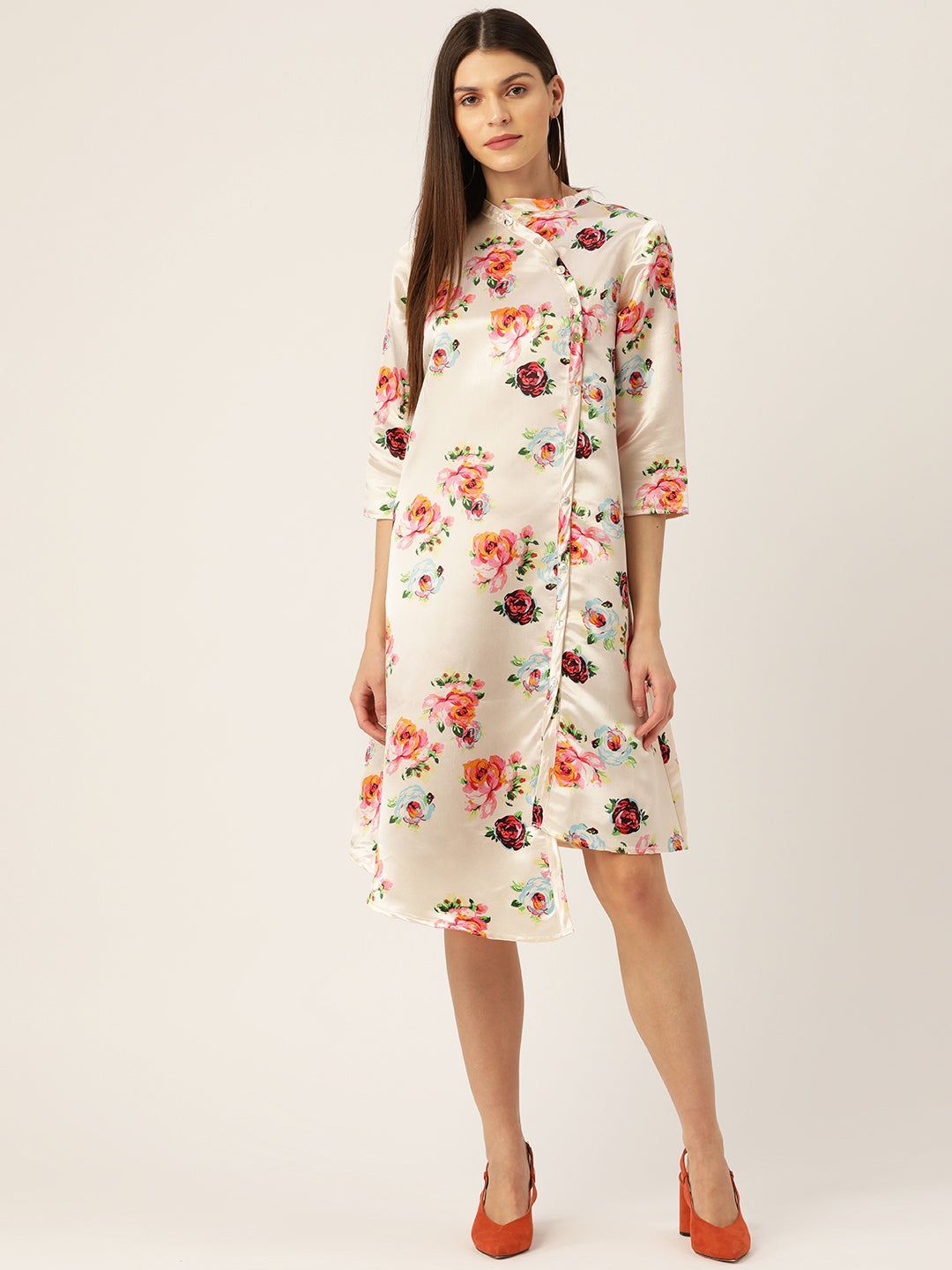 Women Cream-Colored & Pink Floral Printed Satin Finish Wrap Dress