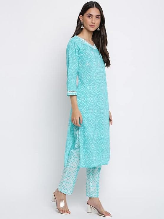 INDIAN KNOTS-Women Blue & white Pure Cotton Kurta with Trousers_1001-bag04-02