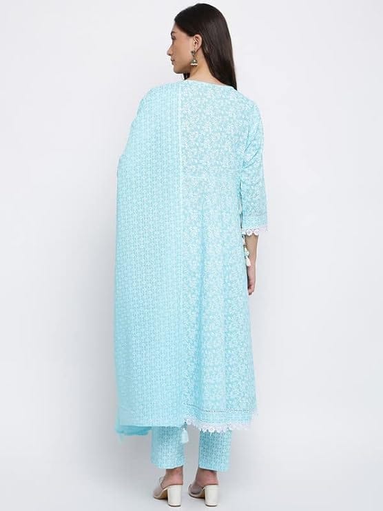 INDIAN KNOTS-Women sky blue and white Printed Pure Cotton Kurta with Palazzos & Dupatta_1101-DG1100101