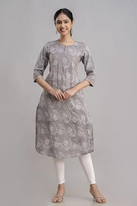 Indian Knots Kantha Printed Grey Kurti with Orange Thread Work