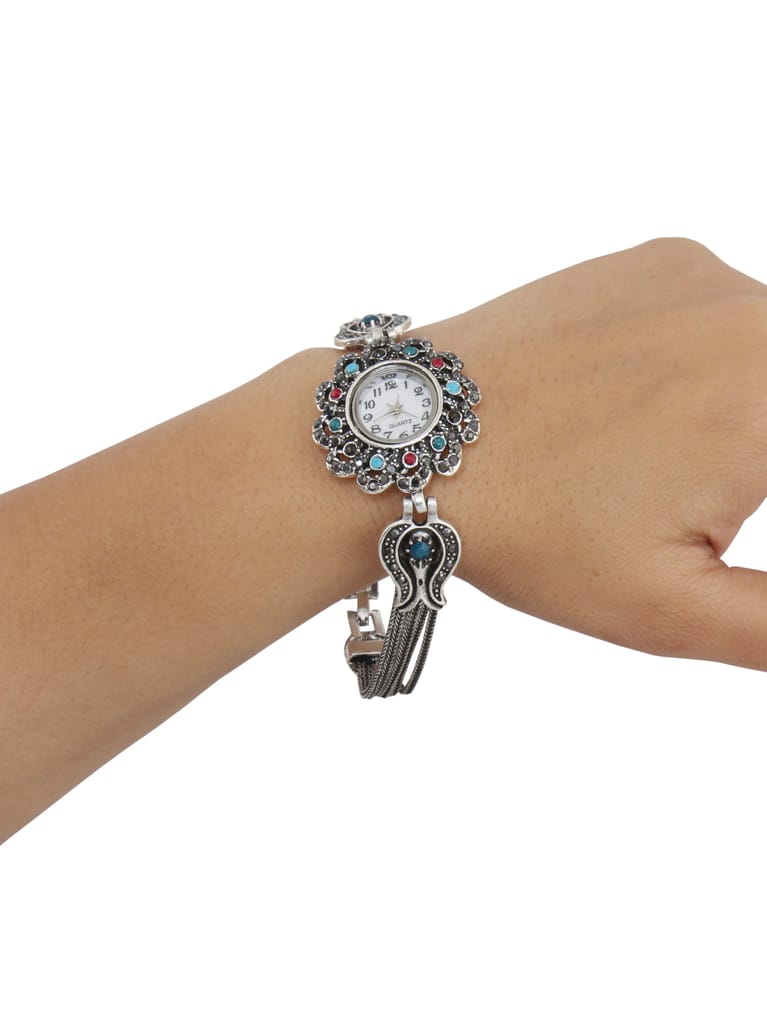 LUCKY JEWELLERY Fashion Latest Stylish Black Metal Silver Oxidised Bohemian Adjustable Wrist Watch Bracelet for Women & Girls | Birthday Gift for Girls & Women (660-CHW1O-1237)