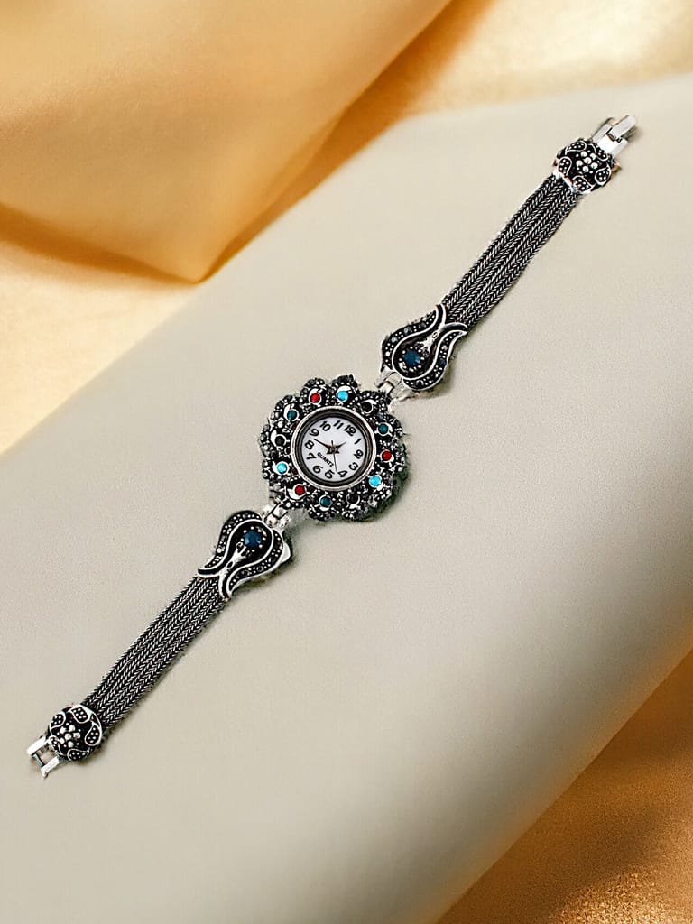 LUCKY JEWELLERY Fashion Latest Stylish Black Metal Silver Oxidised Bohemian Adjustable Wrist Watch Bracelet for Women & Girls | Birthday Gift for Girls & Women (660-CHW1O-1237)