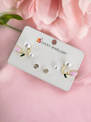 LUCKY JEWELLERY Fashion 3 Pairs Combo Set Of Latest Earrings Celebrity Inspired Stylish Trendy Pearl and Stone Stud Tops Earing Pink Tulip Flower Bud Cuff Earring for Women & Girls (90-CHEX-1140-3)