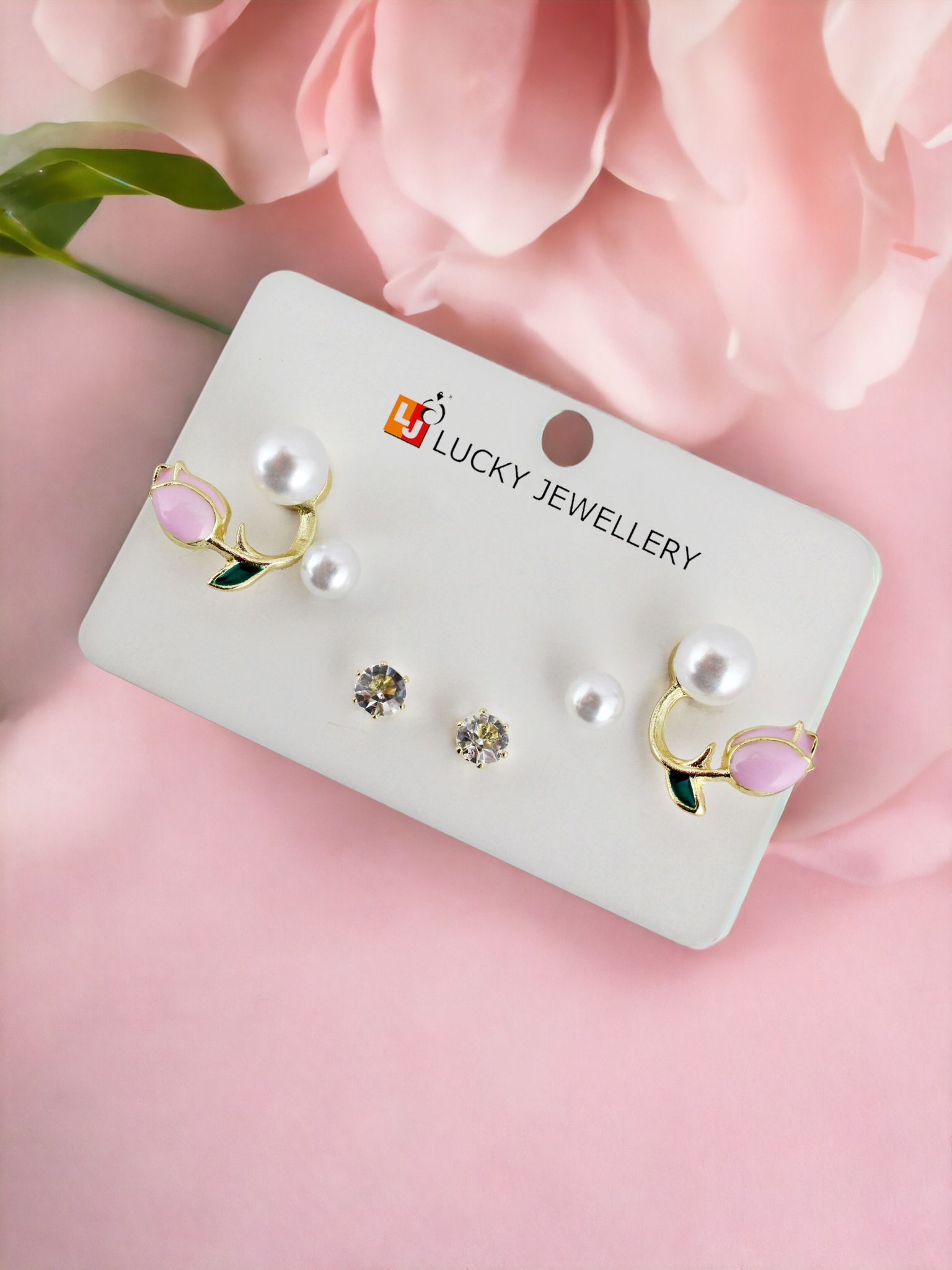 LUCKY JEWELLERY Fashion 3 Pairs Combo Set Of Latest Earrings Celebrity Inspired Stylish Trendy Pearl and Stone Stud Tops Earing Pink Tulip Flower Bud Cuff Earring for Women & Girls (90-CHEX-1140-3)