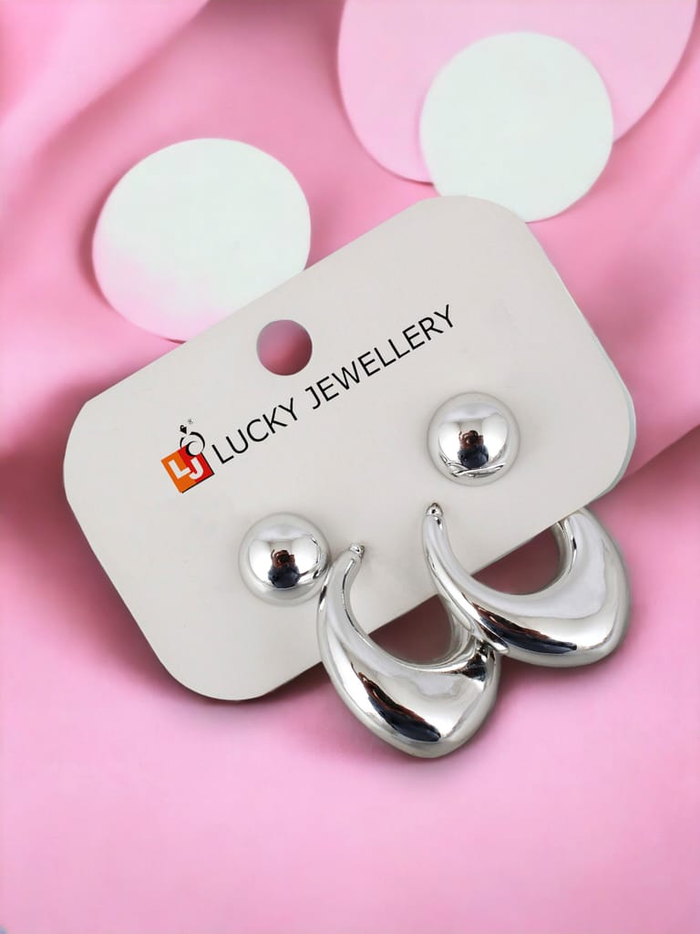 LUCKY JEWELLERY Fashion 2 Pairs Combo Set Of Latest Earrings Celebrity Inspired Stylish Trendy Silver Plated Stud Tops Earing C Shaped Dangle Semi Hoops Earring for Women & Girls (140-CHEX-1018-2) - Earrings | Buy online on ZillyBuy