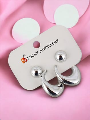 LUCKY JEWELLERY Fashion 2 Pairs Combo Set Of Latest Earrings Celebrity Inspired Stylish Trendy Silver Plated Stud Tops Earing C Shaped Dangle Semi Hoops Earring for Women & Girls (140-CHEX-1018-2)