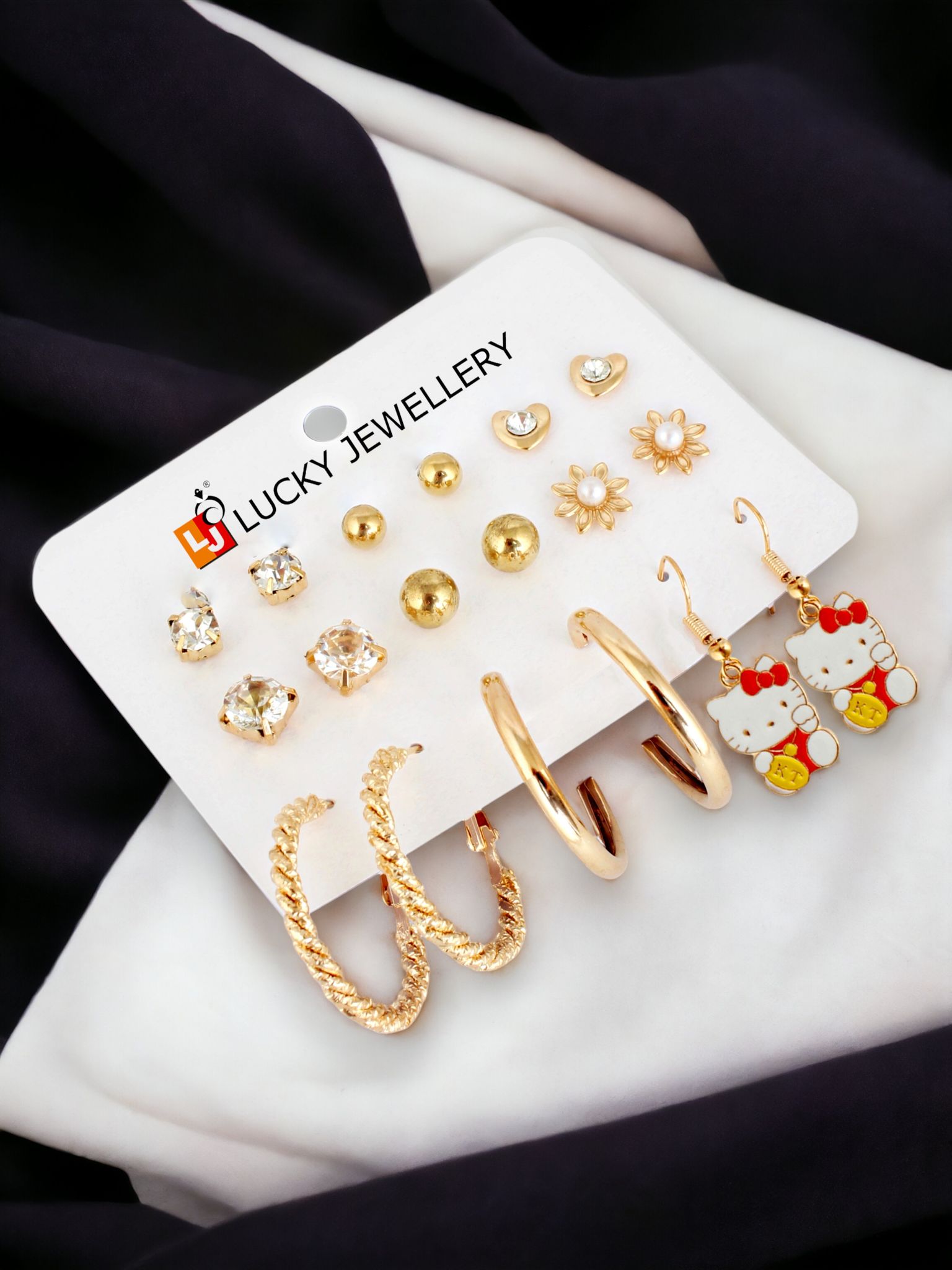 LUCKY JEWELLERY Fashion 9 Pairs Combo Set Of Latest Earrings Celebrity Inspired Stylish Trendy Gold Plated Stud Tops Earing Kitty Dangle C Shaped Hoops Earring for Women & Girls (175-CHEX-1158-9)