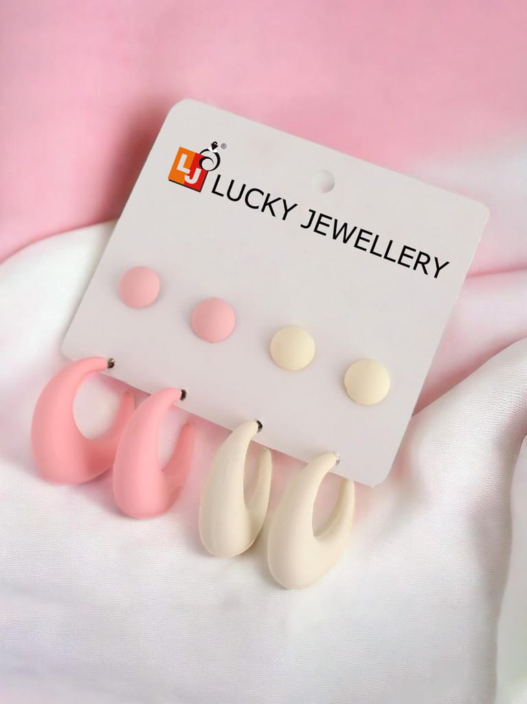 LUCKY JEWELLERY Fashion 4 Pairs Combo Set Of Latest Earrings Celebrity Inspired Stylish Trendy Pink and White Color Plastic Stud Tops Earing C Shaped Hoops Earring for Women & Girls (190-CHEX-1015-4)