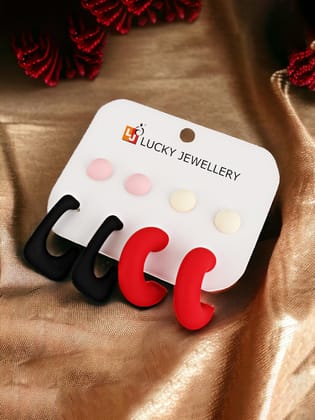 LUCKY JEWELLERY Fashion 4 Pairs Combo Set Of Latest Earrings Celebrity Inspired Stylish Trendy Multi Color Plastic Stud Tops Earing C Shaped and J Shape Earring for Women & Girls (190-CHEX-1016-4)