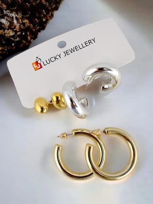 LUCKY JEWELLERY Fashion 3 Pairs Combo Set Of Latest Earrings Celebrity Inspired Stylish Trendy Gold and Silver Plated Oval Stud Tops Earing Plastic C Shaped Earring for Women & Girls (190-CHEX-1017-3)