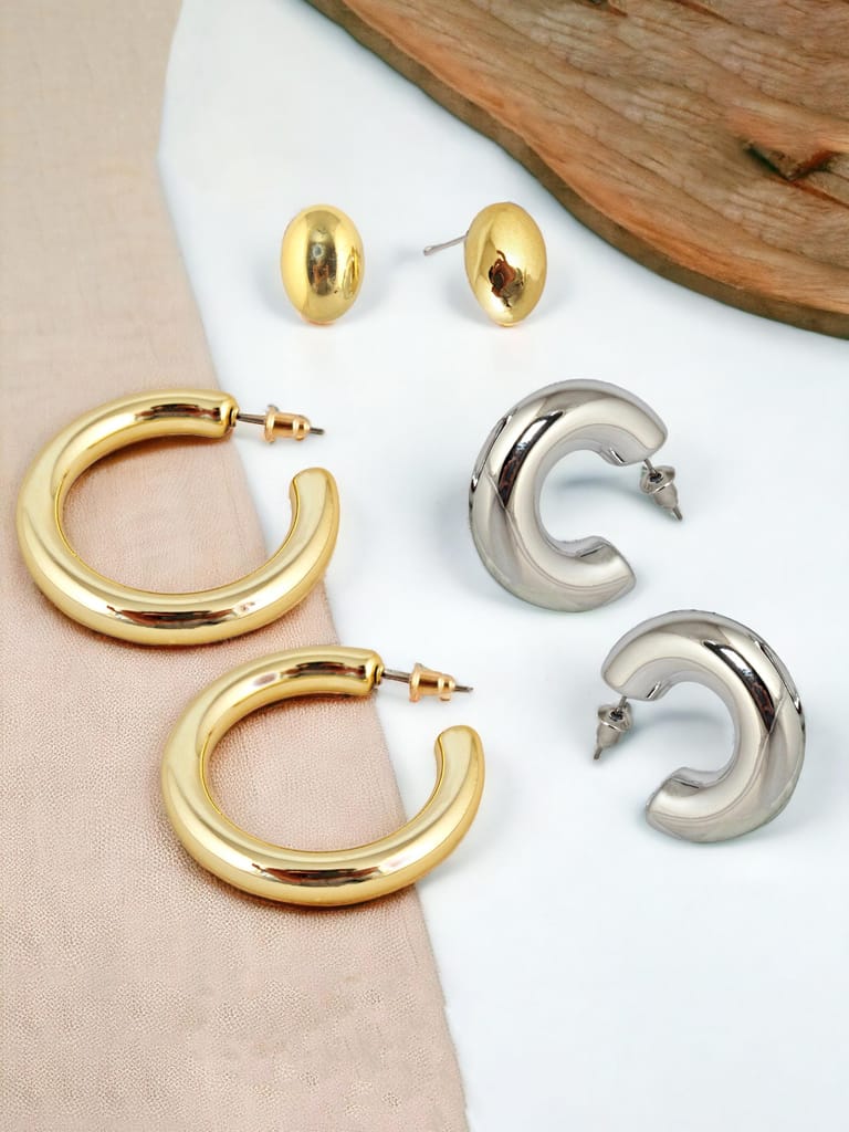 LUCKY JEWELLERY Fashion 3 Pairs Combo Set Of Latest Earrings Celebrity Inspired Stylish Trendy Gold and Silver Plated Oval Stud Tops Earing Plastic C Shaped Earring for Women & Girls (190-CHEX-1017-3)