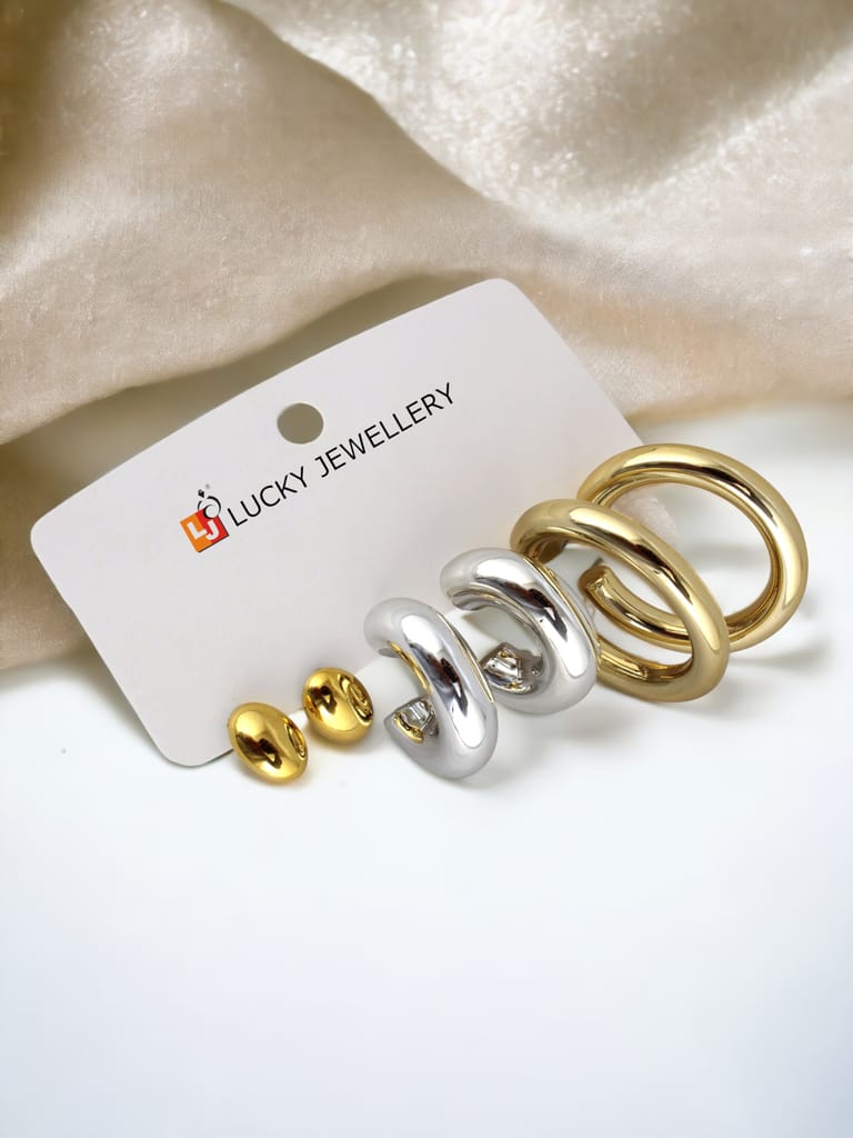 LUCKY JEWELLERY Fashion 3 Pairs Combo Set Of Latest Earrings Celebrity Inspired Stylish Trendy Gold and Silver Plated Oval Stud Tops Earing Plastic C Shaped Earring for Women & Girls (190-CHEX-1017-3)