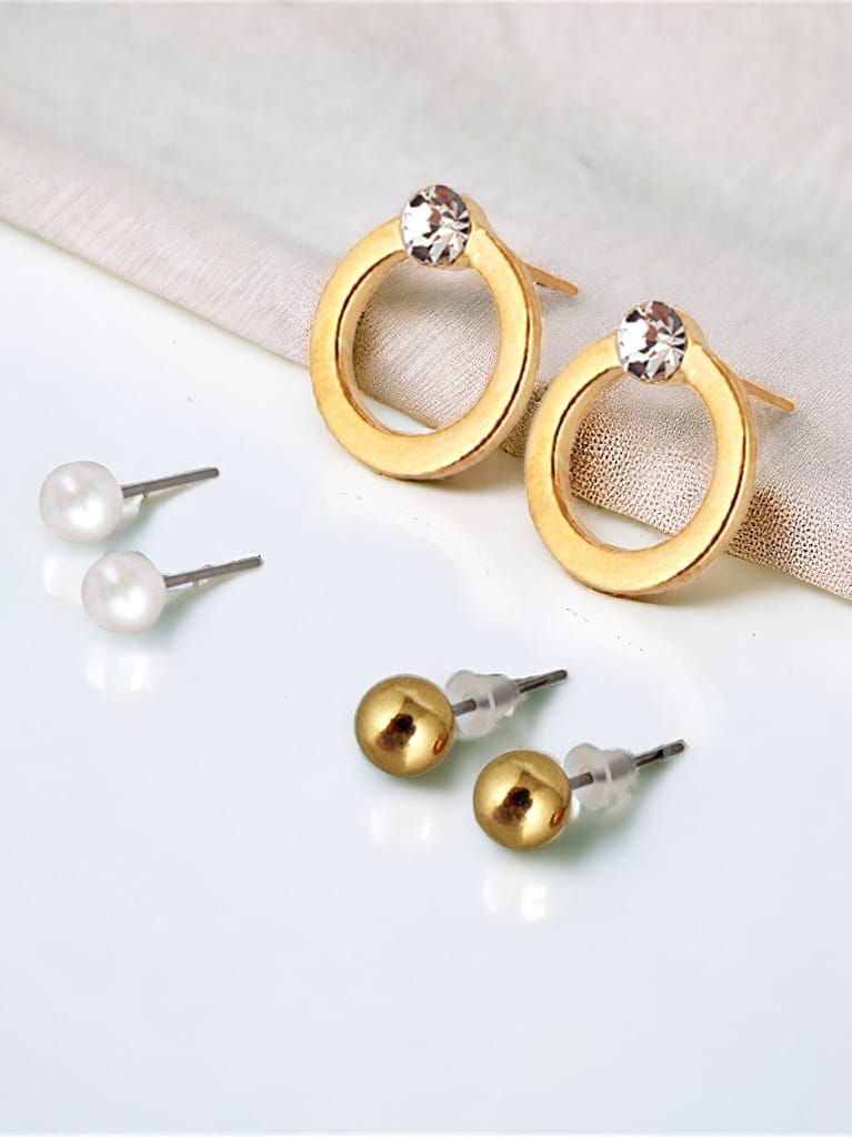 LUCKY JEWELLERY Fashion 9 Pairs Combo Set Of Latest Earrings Celebrity Inspired Stylish Trendy Gold Plated Stud Tops Earing Drop Cuff Earing C Shaped Earring for Women & Girls (195-CHEX-1013-9)