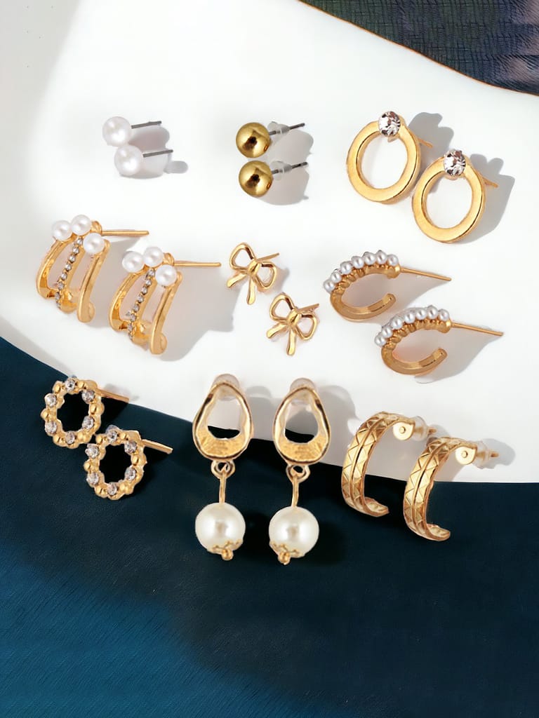 LUCKY JEWELLERY Fashion 9 Pairs Combo Set Of Latest Earrings Celebrity Inspired Stylish Trendy Gold Plated Stud Tops Earing Drop Cuff Earing C Shaped Earring for Women & Girls (195-CHEX-1013-9)