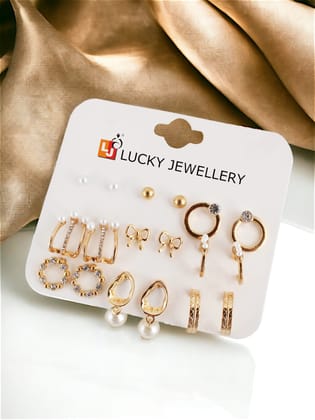 LUCKY JEWELLERY Fashion 9 Pairs Combo Set Of Latest Earrings Celebrity Inspired Stylish Trendy Gold Plated Stud Tops Earing Drop Cuff Earing C Shaped Earring for Women & Girls (195-CHEX-1013-9) LUCKY JEWELLERY Fashion 9 Pairs Combo Set Of Latest Earrings Celebrity Inspired Stylish Trendy Gold Plated Stud Tops Earing Drop Cuff Earing C Shaped Earring for Women & Girls (195-CHEX-1013-9)
