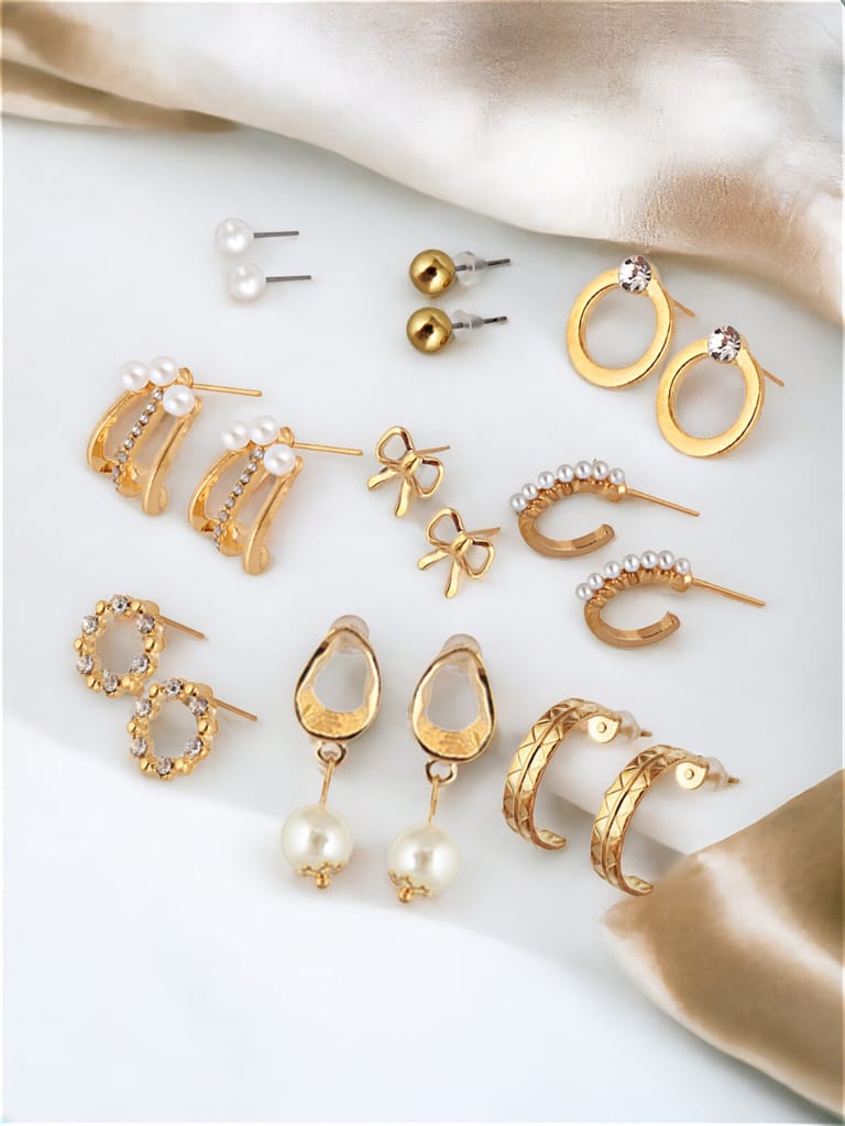 LUCKY JEWELLERY Fashion 9 Pairs Combo Set Of Latest Earrings Celebrity Inspired Stylish Trendy Gold Plated Stud Tops Earing Drop Cuff Earing C Shaped Earring for Women & Girls (195-CHEX-1013-9)