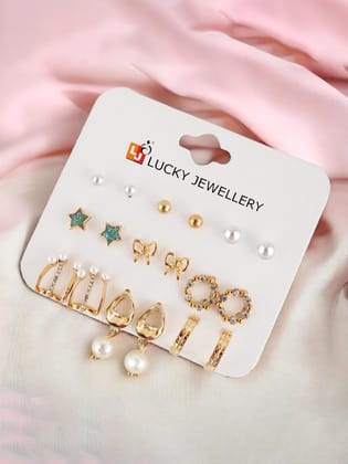 LUCKY JEWELLERY Fashion 9 Pairs Combo Set Of Latest Earrings Celebrity Inspired Stylish Trendy Stud Tops Earing Gold Plated Drop Cuff Earing C Shaped Earring for Women & Girls (195-CHEX-1013B-9)