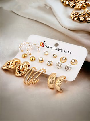 LUCKY JEWELLERY Fashion 9 Pairs Combo Set Of Latest Earrings Celebrity Inspired Stylish Trendy Gold Plated Stud Tops Earing Chain Link Dangle C Shaped Earring for Women & Girls (225-CHEX-1155-9)