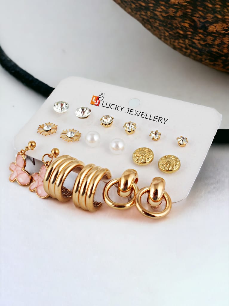LUCKY JEWELLERY Fashion 9 Pairs Combo Set Of Latest Earrings Celebrity Inspired Stylish Trendy Gold Plated Studs Butterfly Dangle Earing Chain Link C Shaped Earring for Women & Girls (225-CHEX-1156-9) - Earrings | Buy online on ZillyBuy