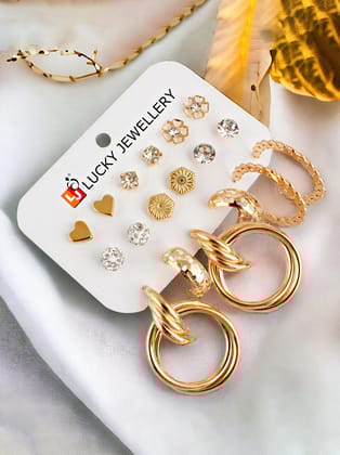 LUCKY JEWELLERY Fashion 9 Pairs Combo Set Of Latest Earrings Celebrity Inspired Stylish Trendy Gold Plated Stone Stud Tops Earing Chain Link Dangle C Shaped Earring for Women & Girls (225-CHEX-1157-9)