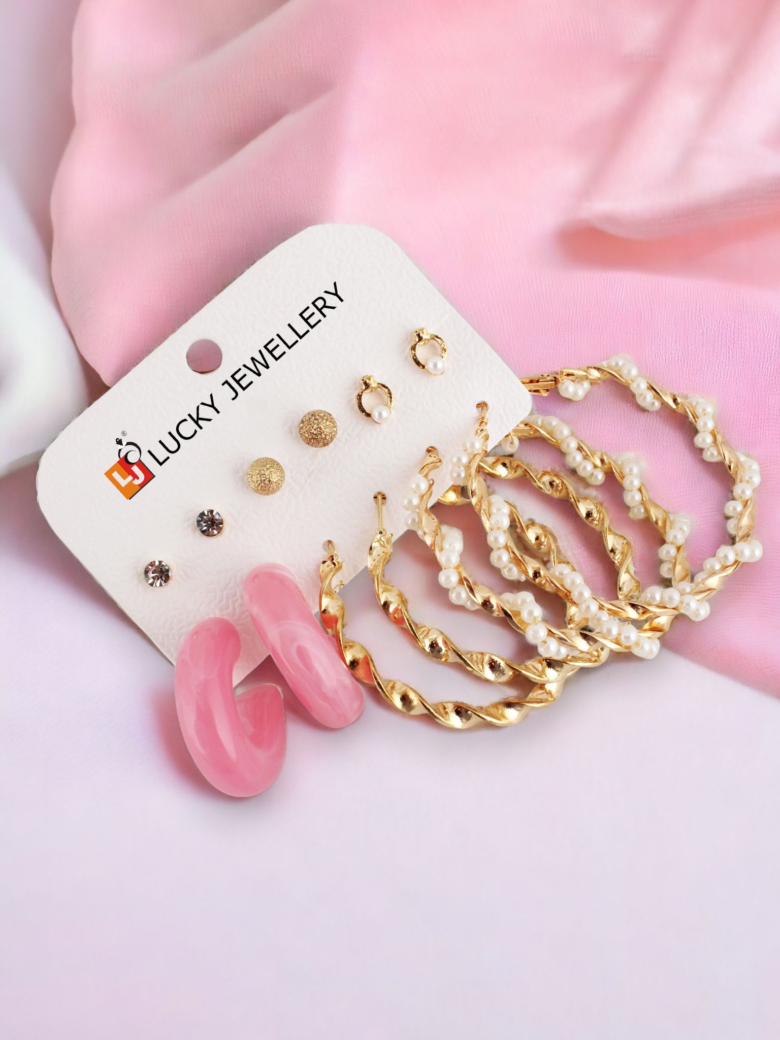 LUCKY JEWELLERY Fashion 6 Pairs Combo Set Of Latest Earrings Celebrity Inspired Stylish Trendy Gold Plated Stone Stud Tops Geometric Hoops Earing, C Shaped Earring for Women & Girls (240-CHEX-1185-6)