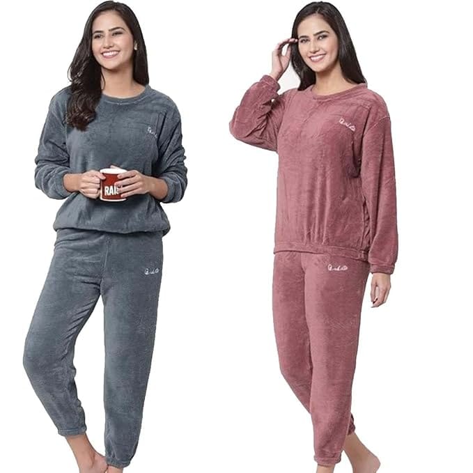 Combo Pack of 2 Women Winter Nightsuit Ladies Warm Night Suit Girls Pyjama Women's Top and Pajama Pants Regular Fit Pyjama Set