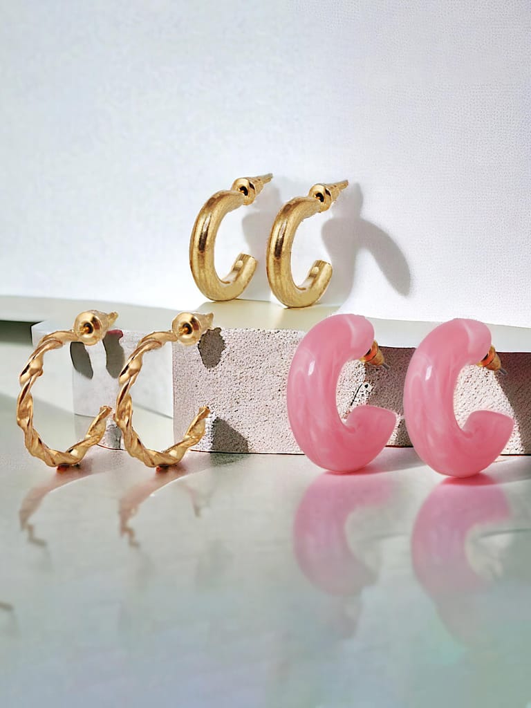 LUCKY JEWELLERY Fashion 9 Pairs Combo Set Of Latest Earrings Celebrity Inspired Stylish Trendy Gold Plated Stud Tops, Hoop Earing C Shaped Earring Geometric Hoops for Women & Girls (312-CHEX-1186-9)