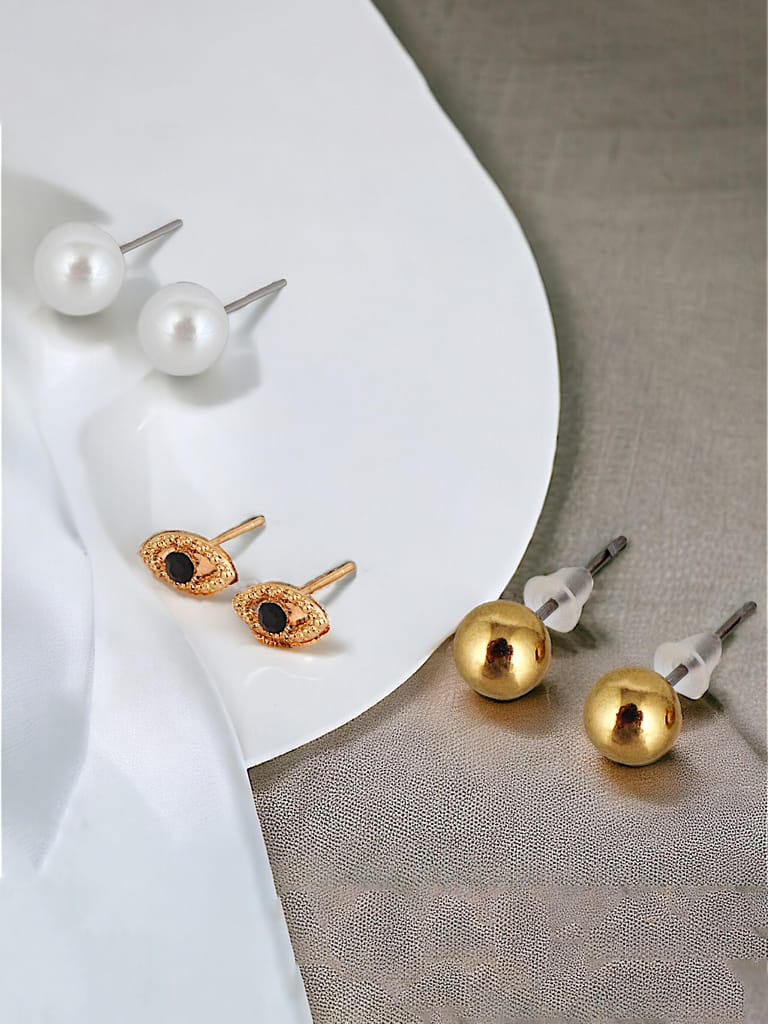 LUCKY JEWELLERY Fashion 9 Pairs Combo Set Of Latest Earrings Celebrity Inspired Stylish Trendy Gold Plated Stud Tops, Hoop Earing C Shaped Earring Geometric Hoops for Women & Girls (312-CHEX-1186-9)