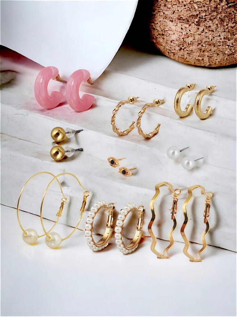 LUCKY JEWELLERY Fashion 9 Pairs Combo Set Of Latest Earrings Celebrity Inspired Stylish Trendy Gold Plated Stud Tops, Hoop Earing C Shaped Earring Geometric Hoops for Women & Girls (312-CHEX-1186-9)