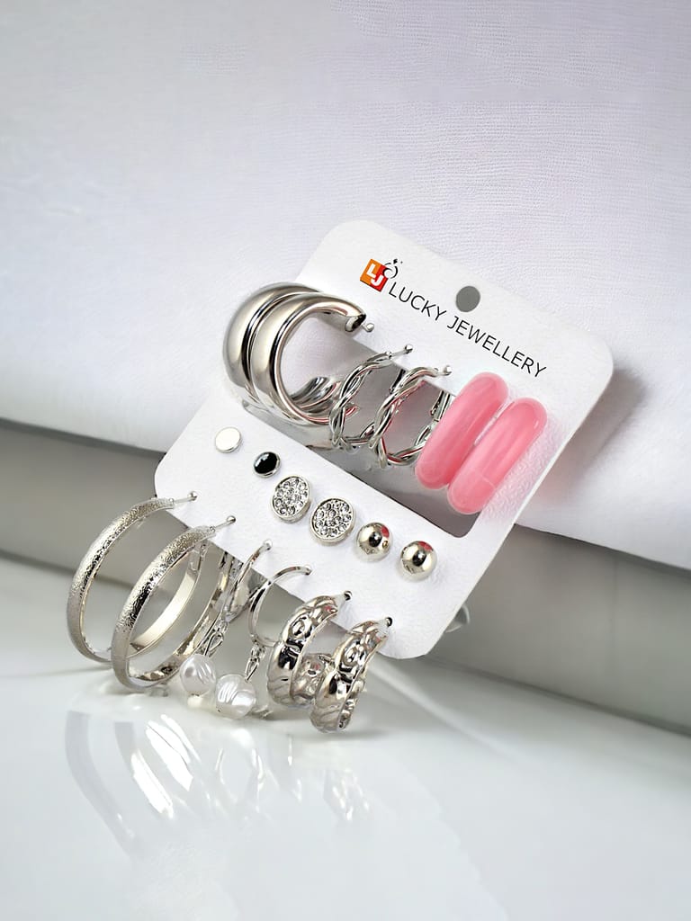 LUCKY JEWELLERY Fashion 9 Pairs Combo Set Of Latest Earrings Celebrity Inspired Stylish Trendy Silver Plated Earrings Stud Tops Earing and C Shaped Hoops Earring for Women & Girls (360-CHEX-1188-S-9) - Earrings | Buy online on ZillyBuy